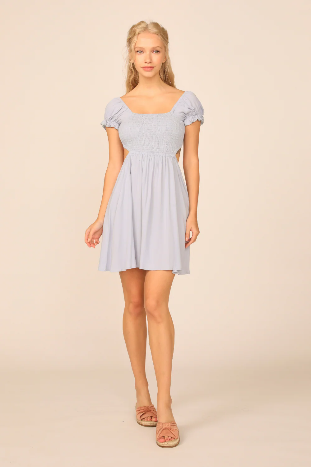 Blue Jean Washed Crepe Smocked Bodice Puff Sleeve Dress - Image 3