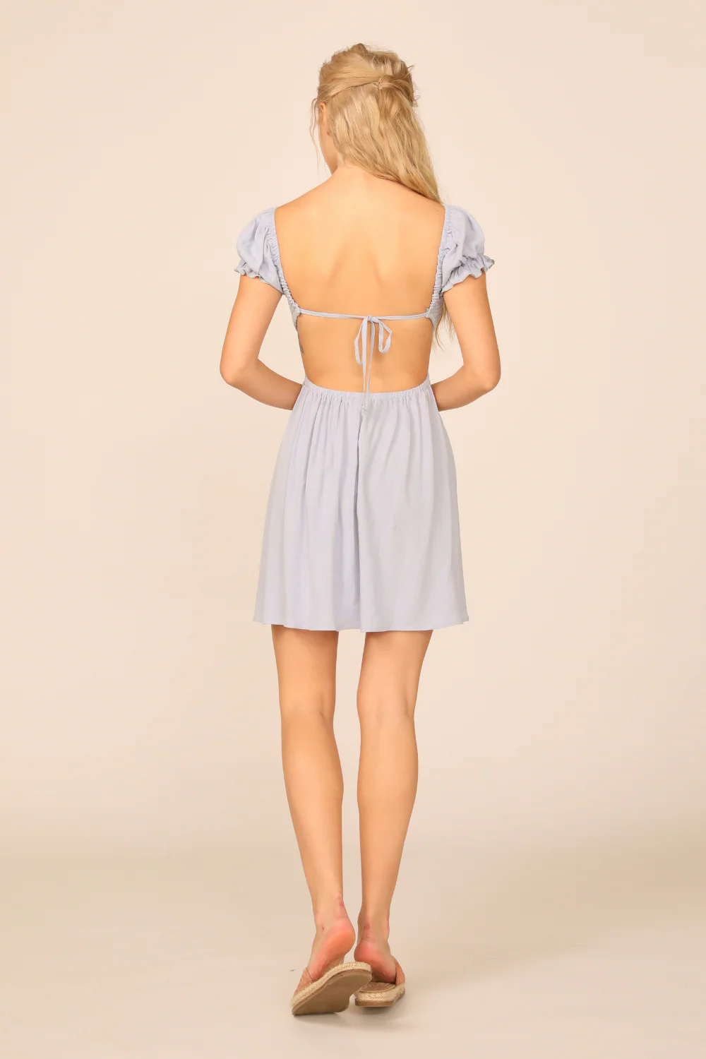 Blue Jean Washed Crepe Smocked Bodice Puff Sleeve Dress - Image 4