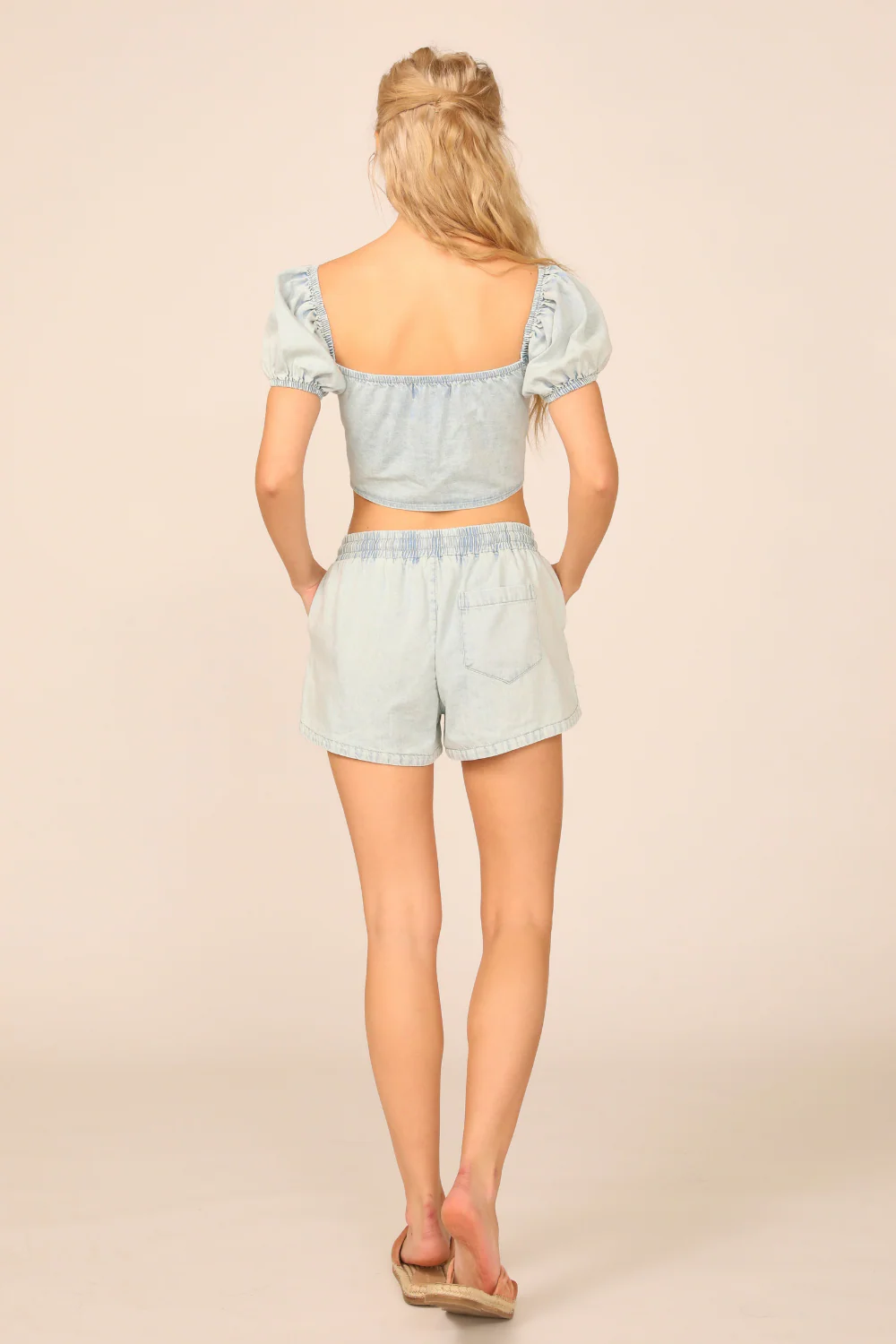 Light Wash Denim Tencel Tie Front Puff Sleeve Top - Image 3