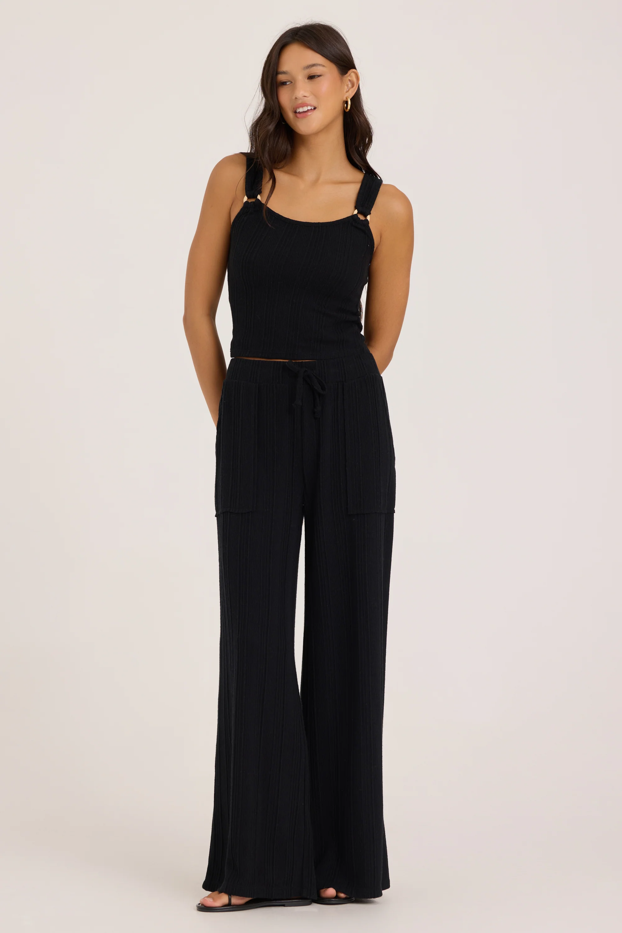 Novelty Rib Knit Wide Leg Pants - Black - Image 10