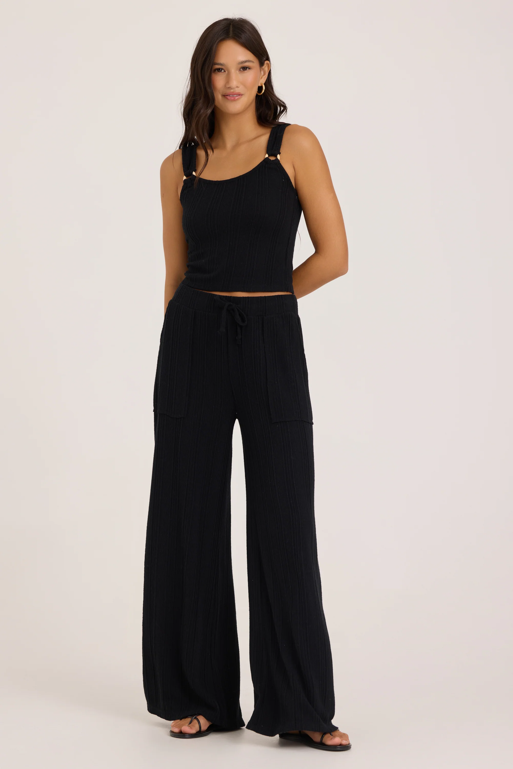 Novelty Rib Knit Wide Leg Pants - Black - Image 11