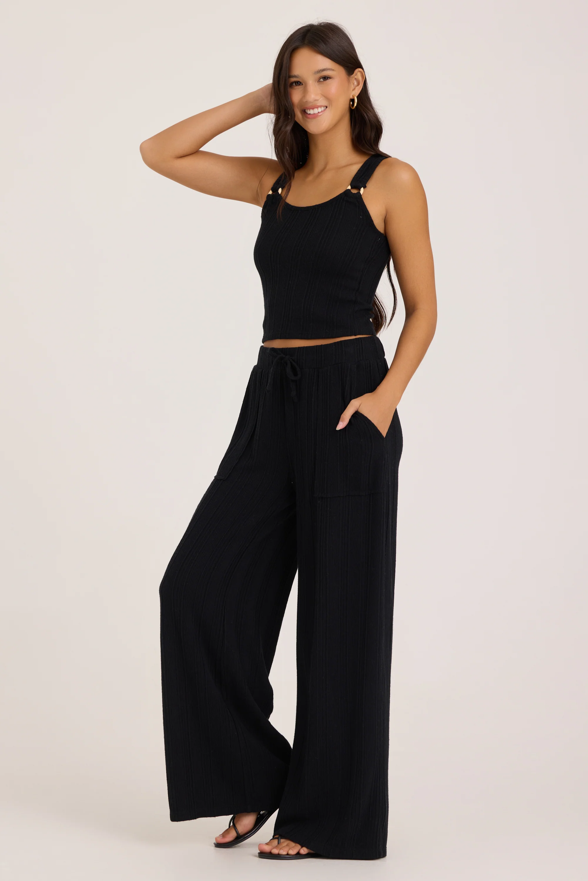 Novelty Rib Knit Wide Leg Pants - Black - Image 12