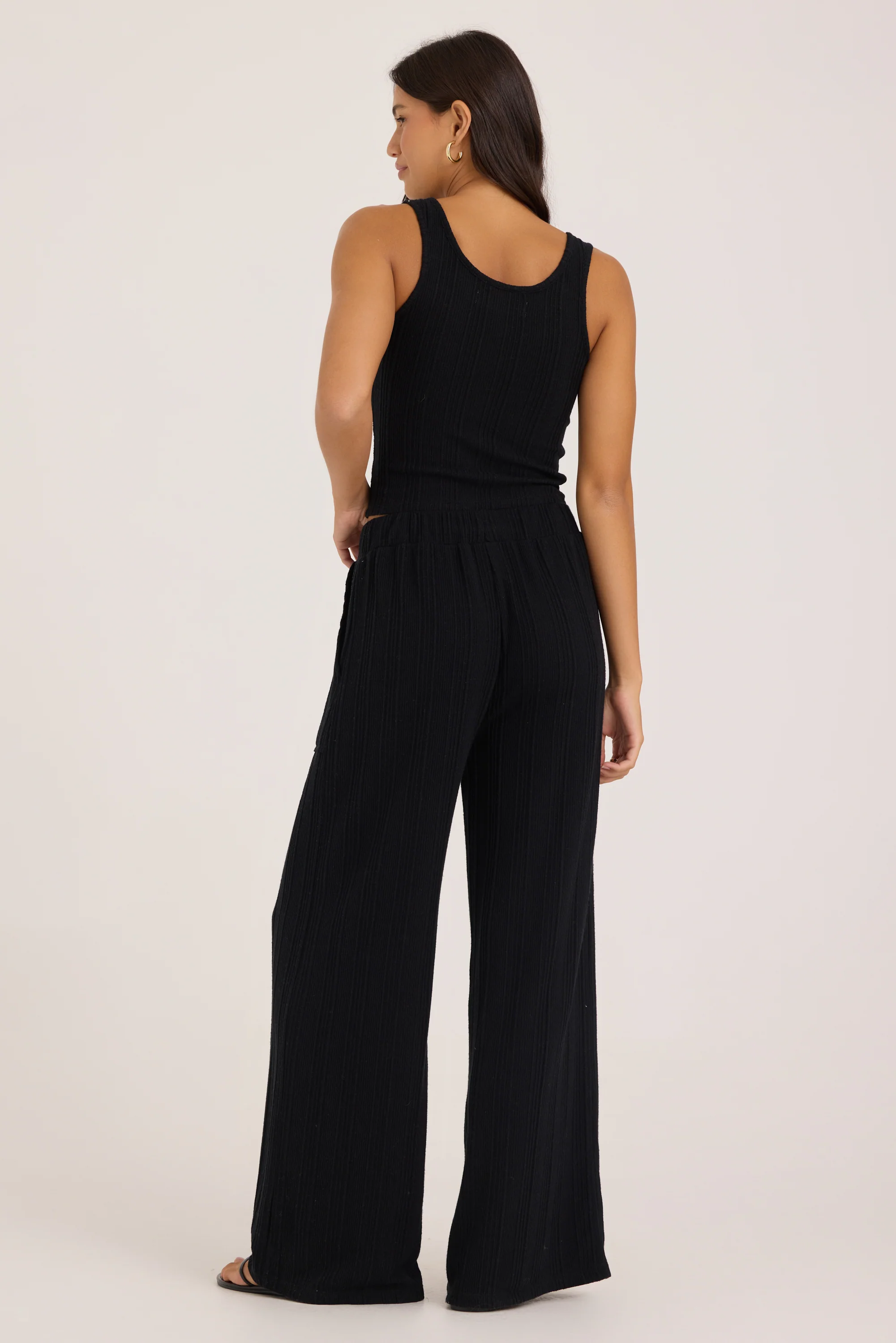 Novelty Rib Knit Wide Leg Pants - Black - Image 13