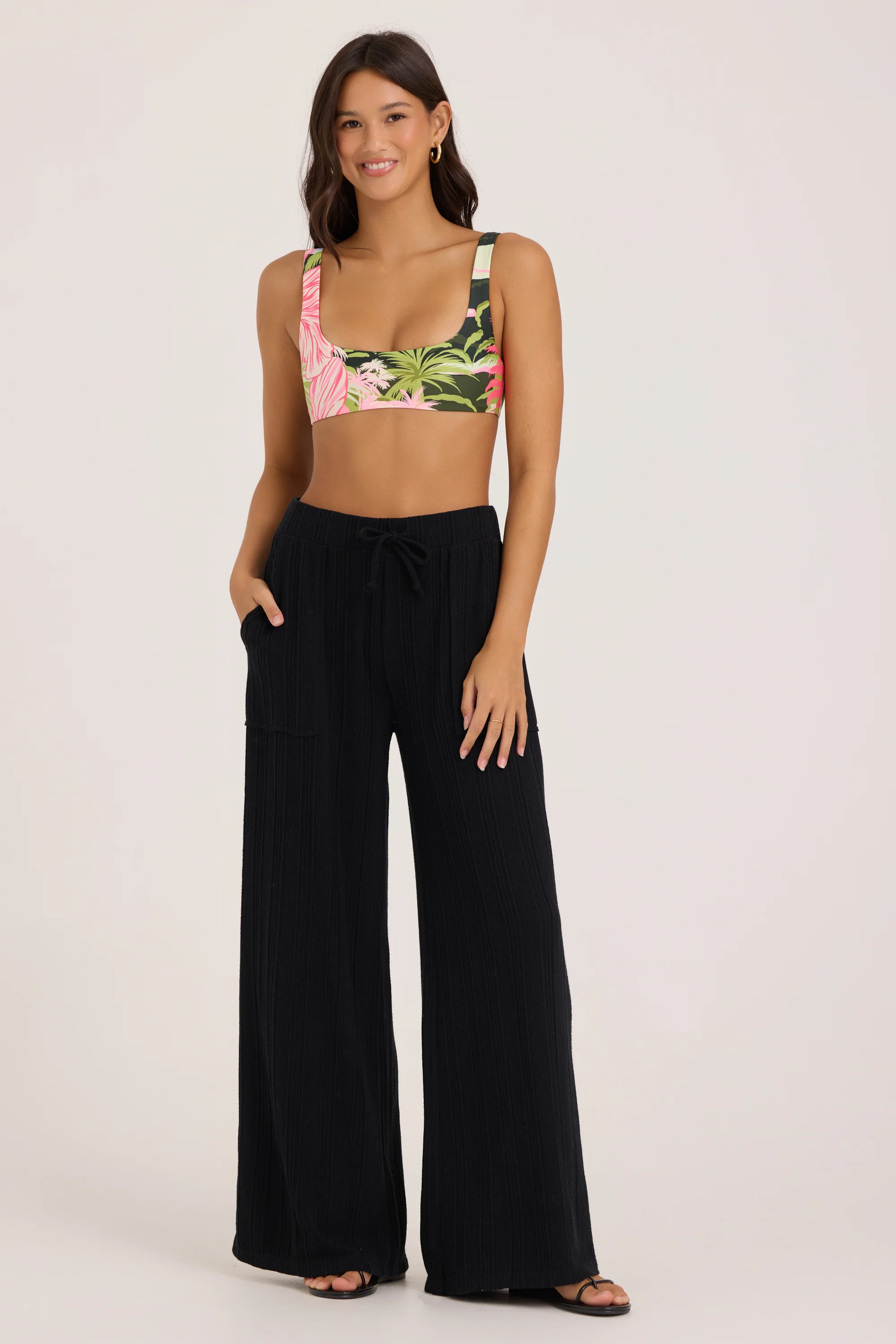 Novelty Rib Knit Wide Leg Pants - Black - Image 3