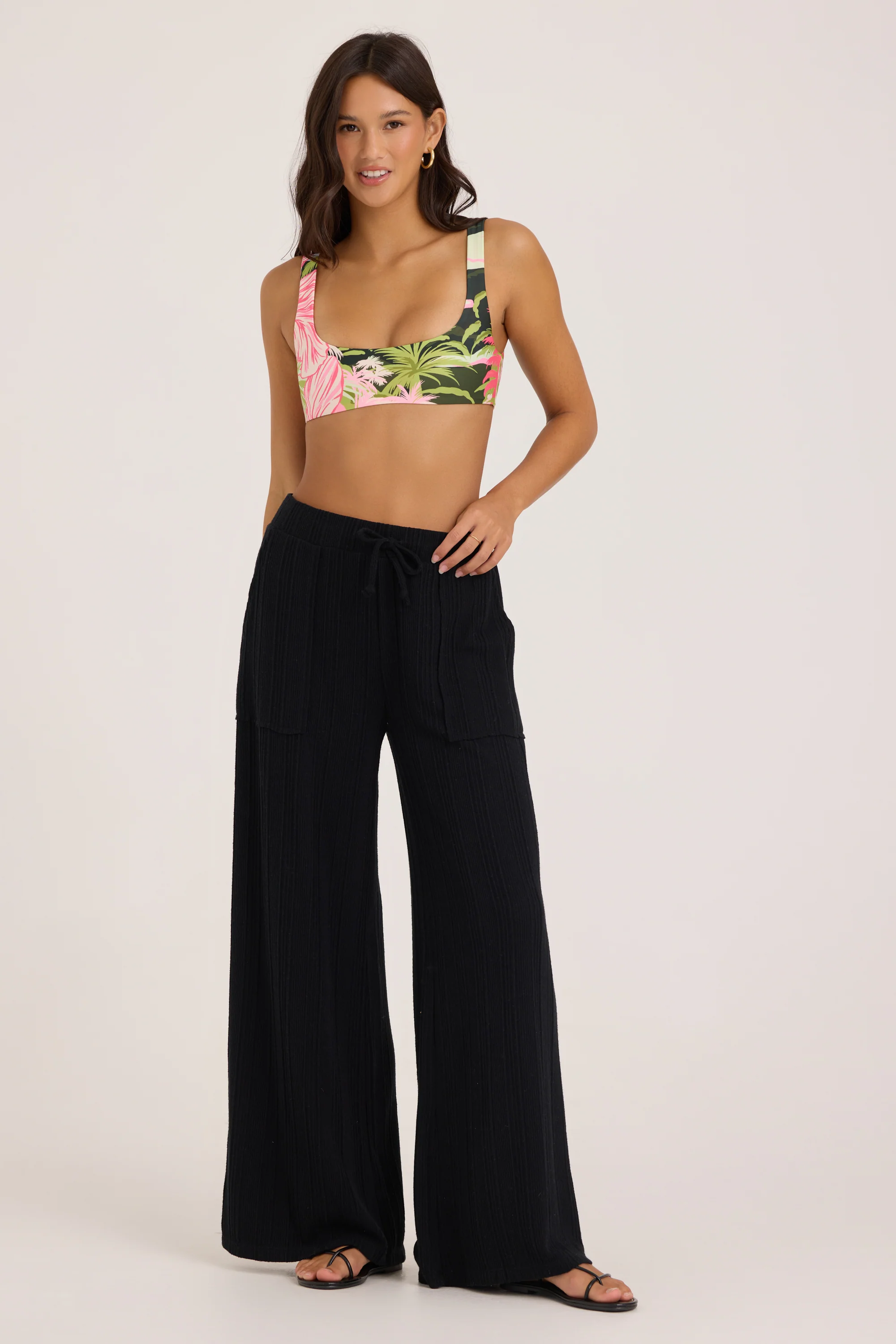 Novelty Rib Knit Wide Leg Pants - Black - Image 4