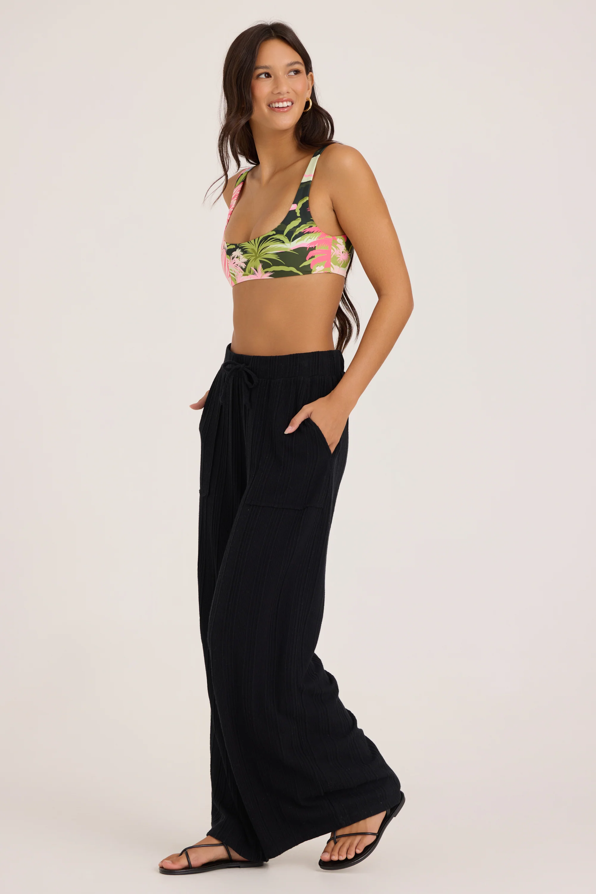 Novelty Rib Knit Wide Leg Pants - Black - Image 6