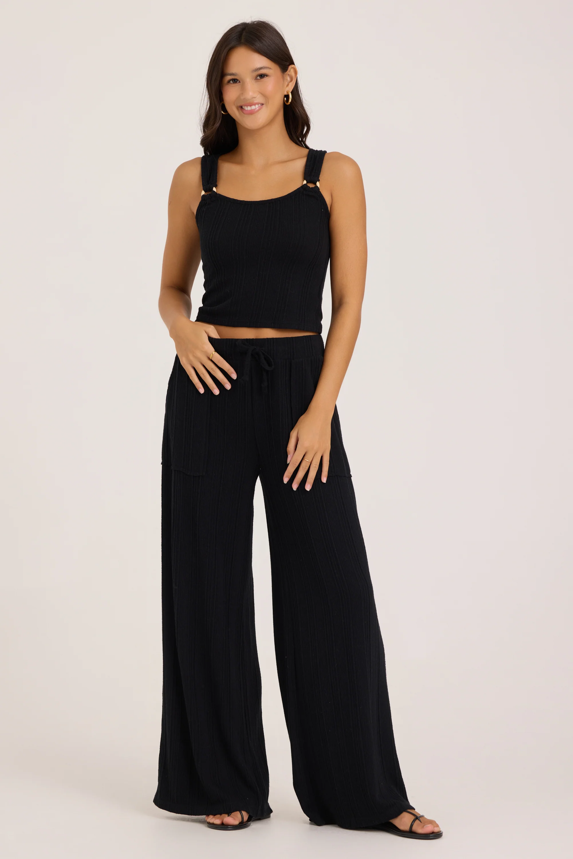 Novelty Rib Knit Wide Leg Pants - Black - Image 8