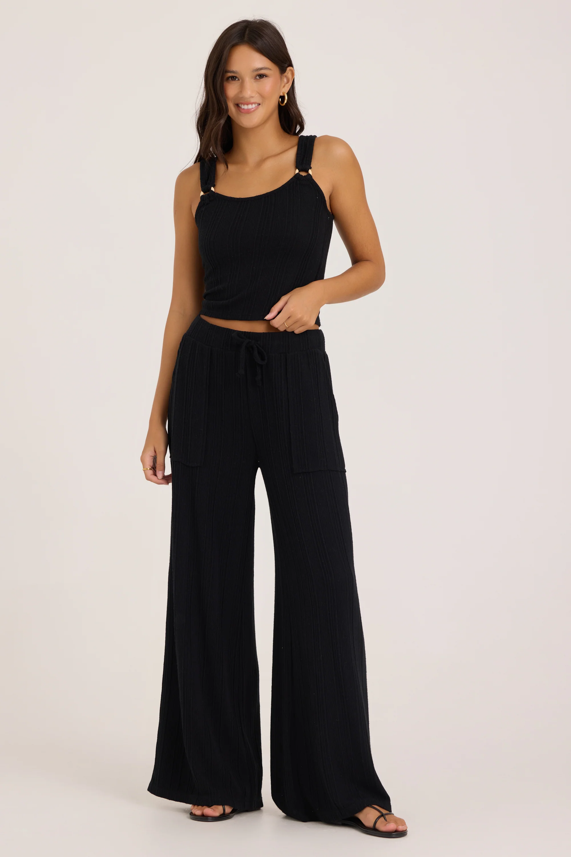 Novelty Rib Knit Wide Leg Pants - Black - Image 9
