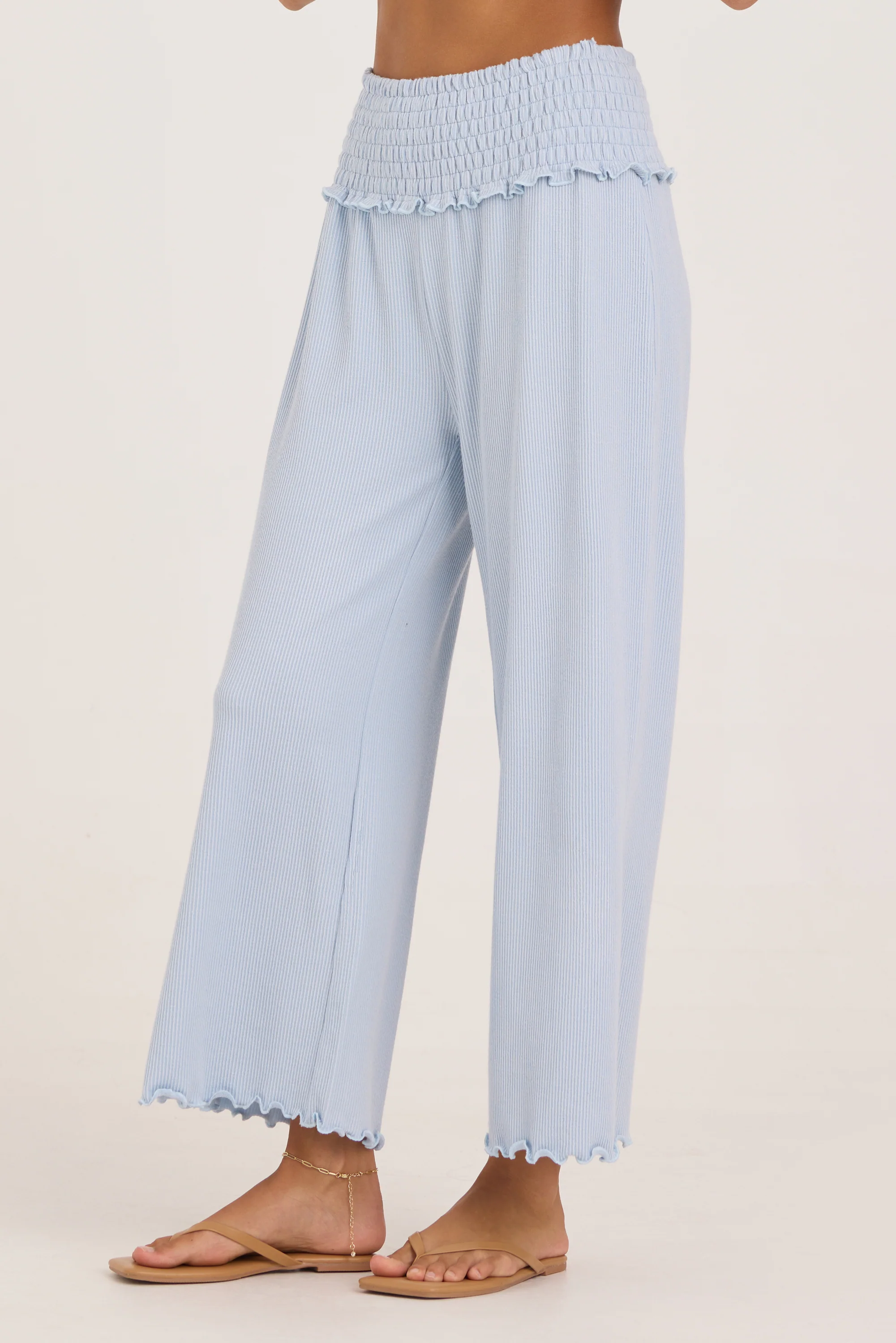 Rib Knit Smocked Waist Wide Leg Pant - Coastal Blue - Image 6
