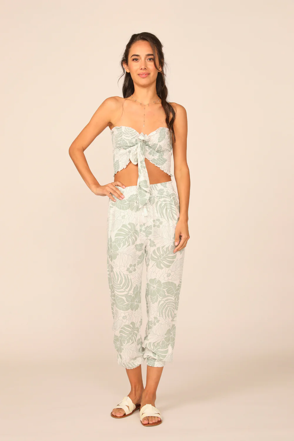 Sage Hawaiian Print Rayon Smocked Tie Front Crop Top - Image 3