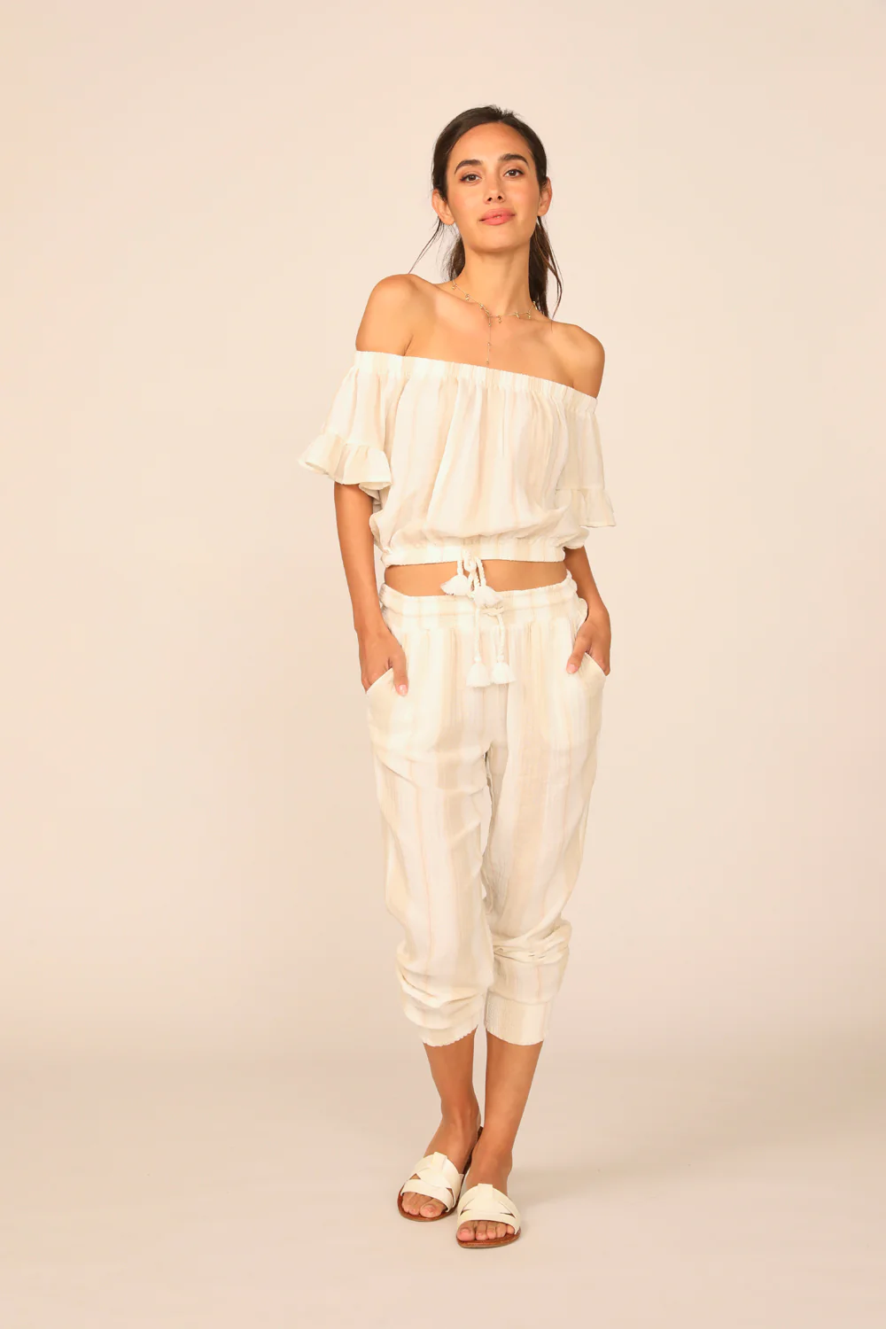 Sand/ Khaki Stripe Gauze Off the Shoulder Top - Image 3