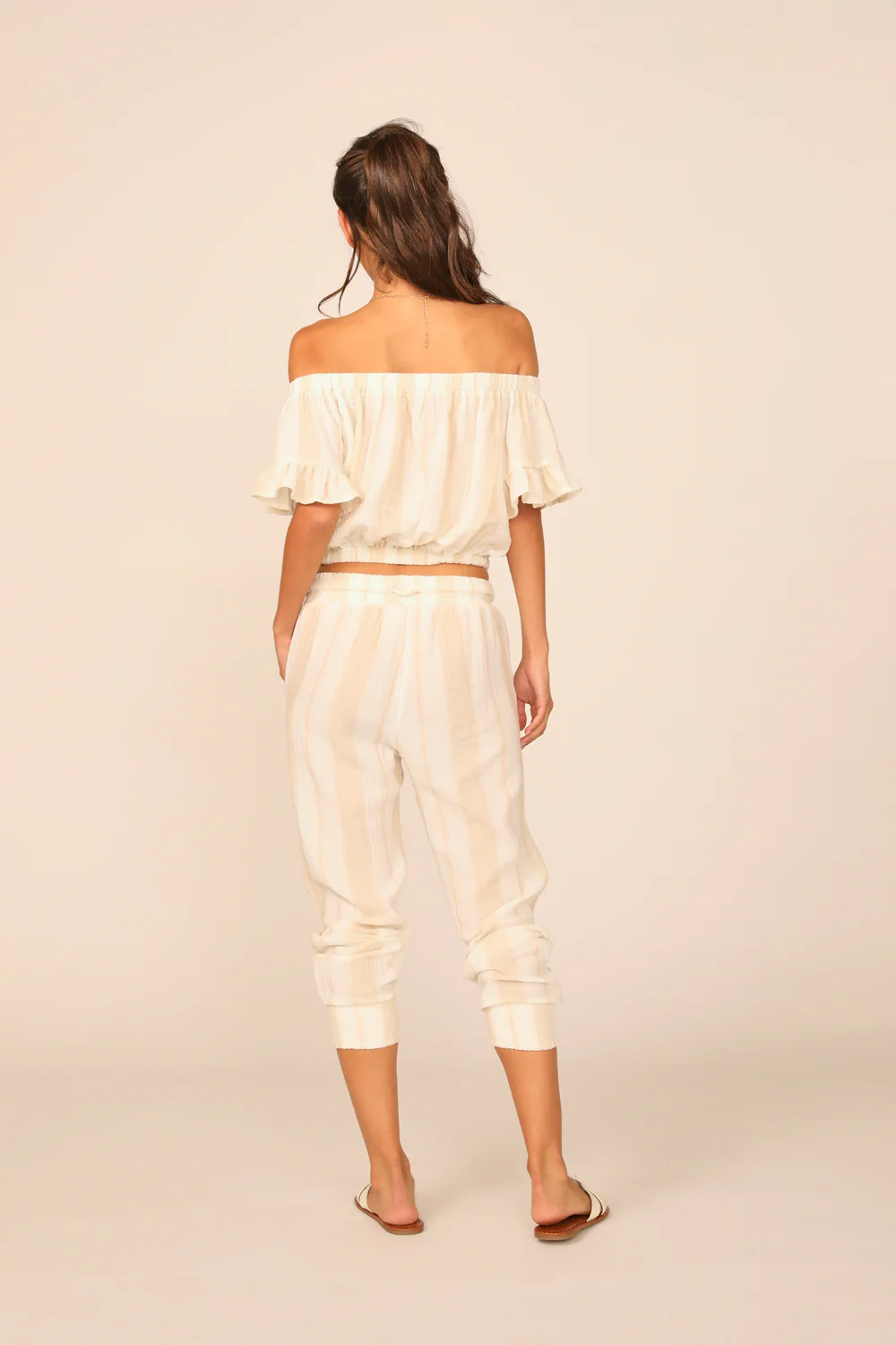 Sand/ Khaki Stripe Gauze Off the Shoulder Top - Image 4