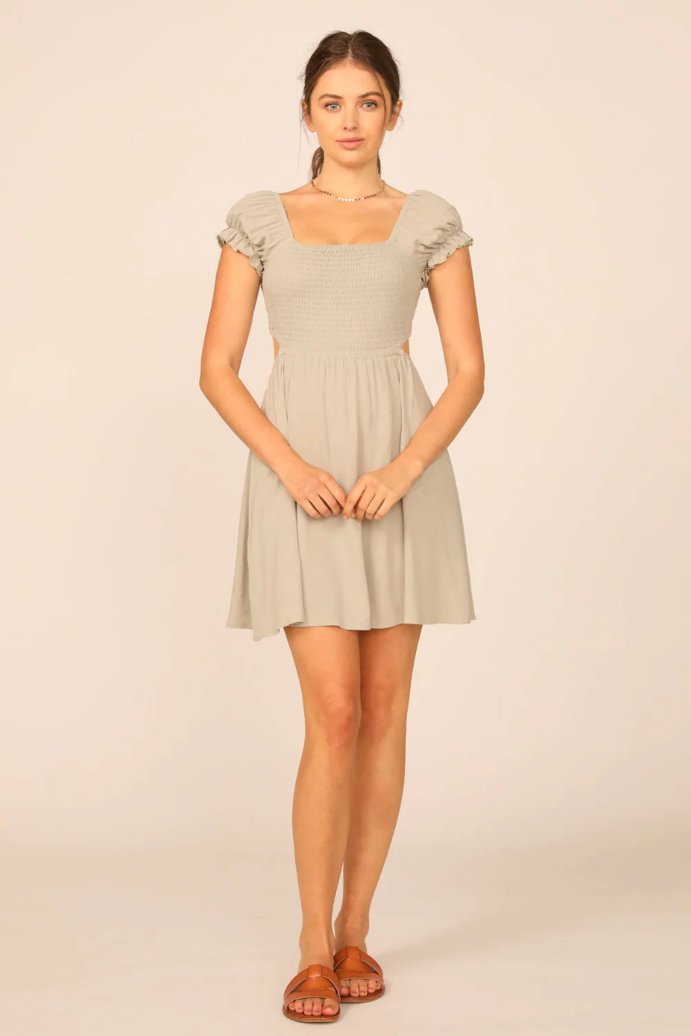 Soft Olive Washed Crepe Smocked Bodice Puff Sleeve Dress - Image 3