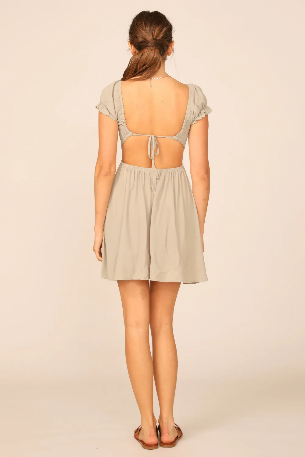 Soft Olive Washed Crepe Smocked Bodice Puff Sleeve Dress - Image 4
