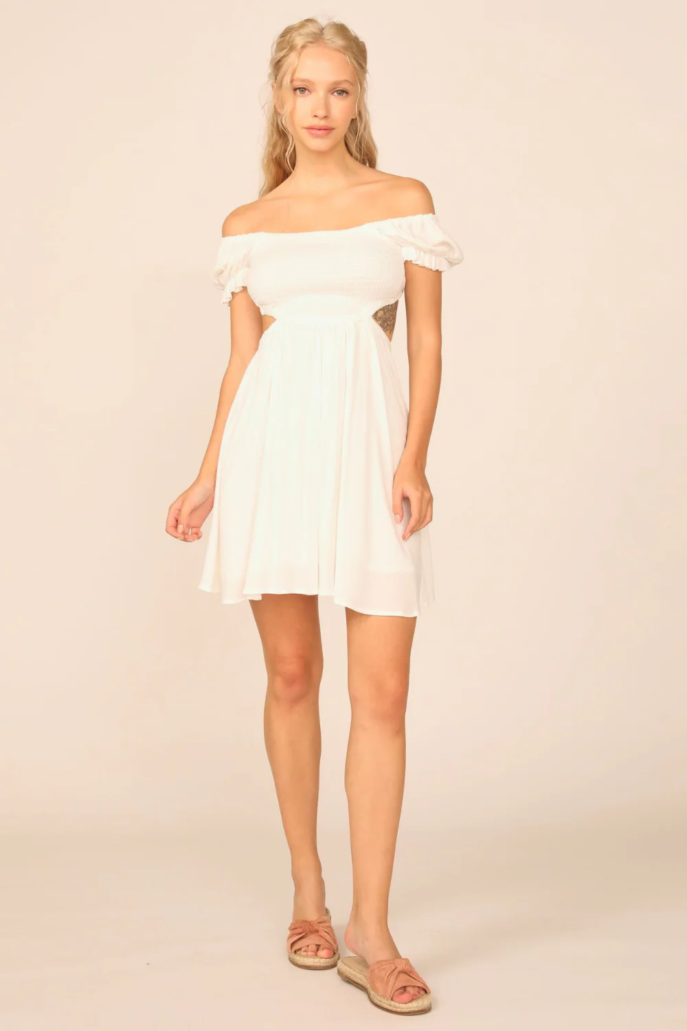 White Washed Crepe Smocked Bodice Puff Sleeve Dress - Image 3